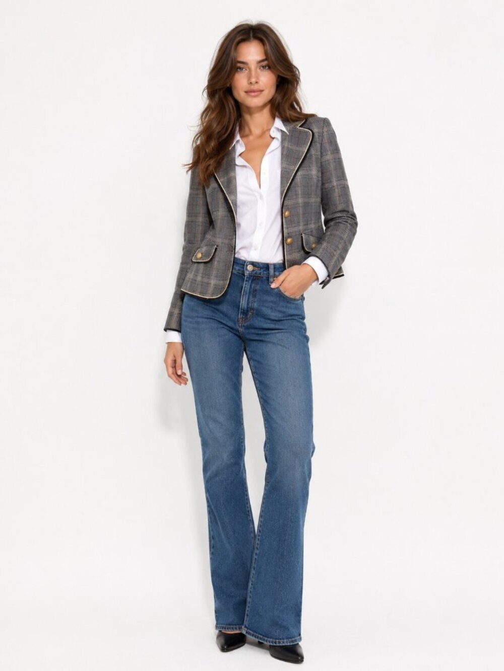 Guess Blazer Womens Small Gray Gold Plaid Stretchy Fitted